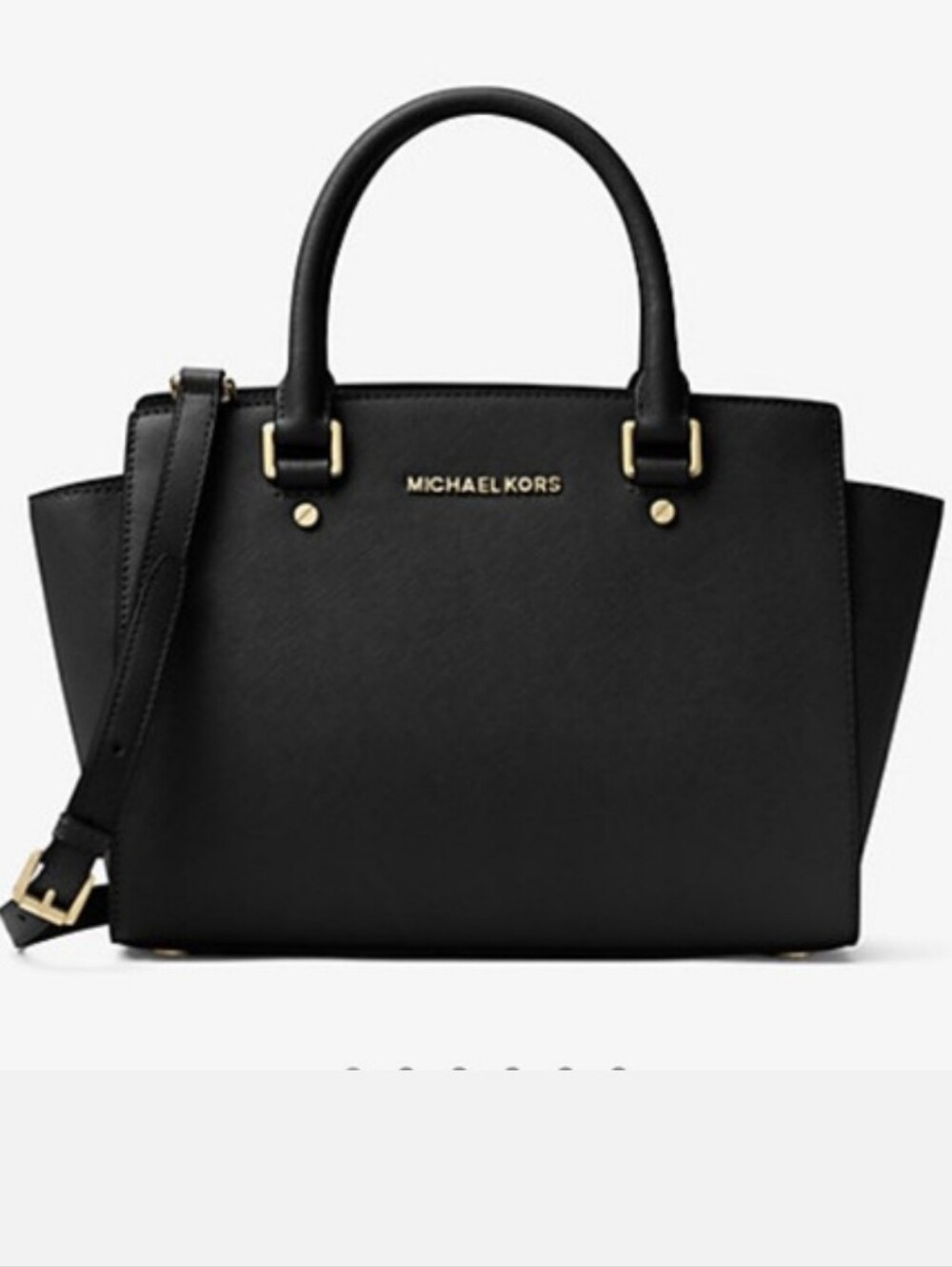 Michael Kors Selma Black Saffiano Leather Satchel with Gold Hardware And Strap.
